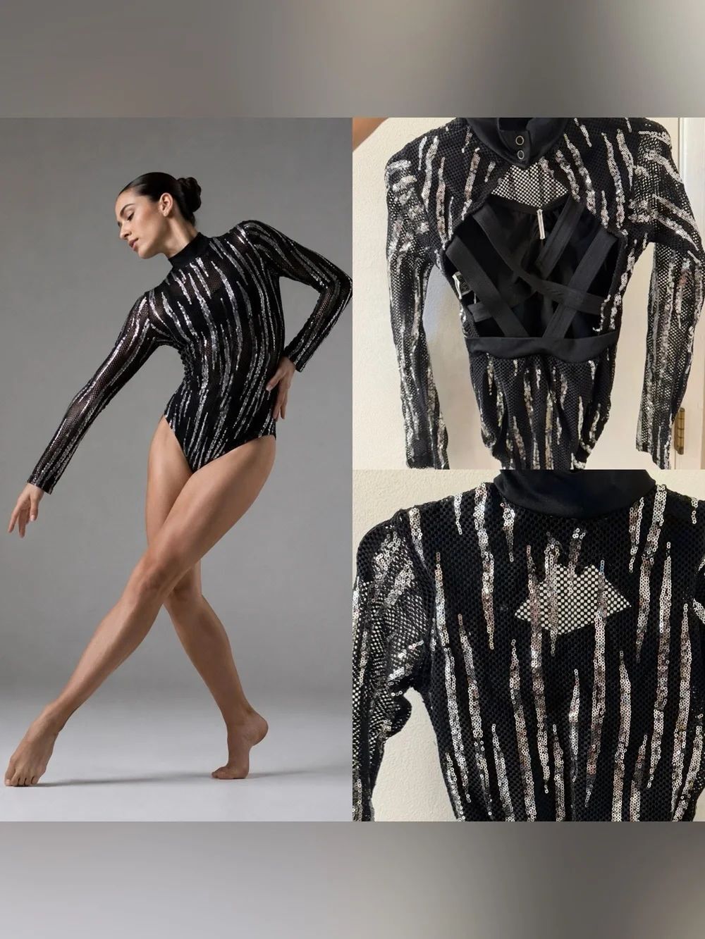 Kelle dance acro contemporary open costume leotard fishnet black sequin MC child